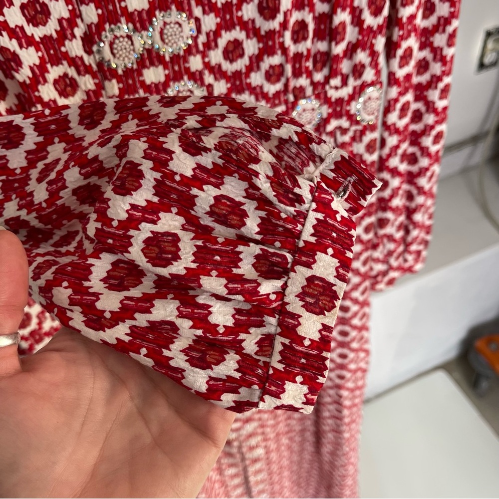 Tory Burch Red Textured Printed Long Sleeve Crystal Embellished Maxi Dress 4 - Picture 7 of 12